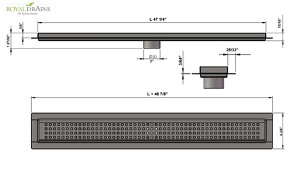 47 Inch Linear Shower Drain, Brushed Finish Traditional Square Design, SereneDrains