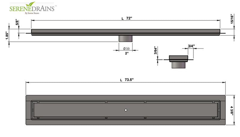 72 Inch Tile Insert Linear Shower Drain, Brushed Stainless Steel | SereneDrains