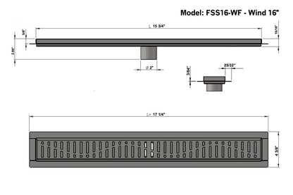 16 Inch Linear Shower Drain Brushed Finish Wind Design SereneDrains