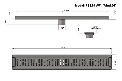 24 Inch Linear Shower Drain Brushed Finish Wind Design SereneDrains