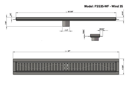 35 Inch Linear Shower Drain Brushed Finish Wind Design SereneDrains