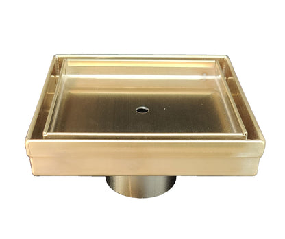 Satin Gold Shower Set: 5 Inch Tile Insert Square Drain with Gold Shower Shelf