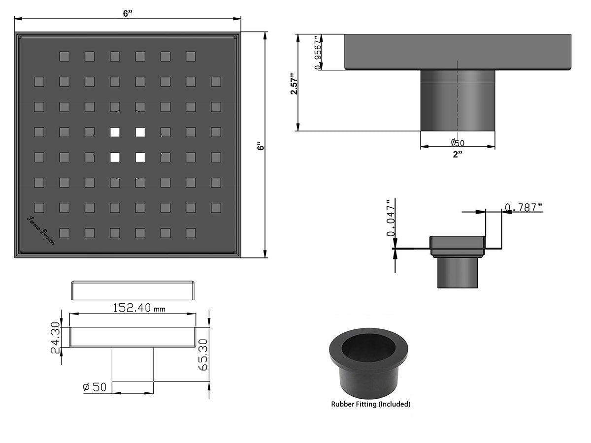 6 Inch Polished Stainless Steel Square Shower Drain with Hair Trap Set (2 Designs)