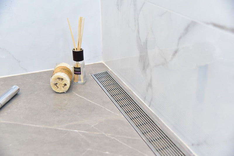 59 Inch Brushed Linear Shower Drain in Wedge Design by SereneDrains