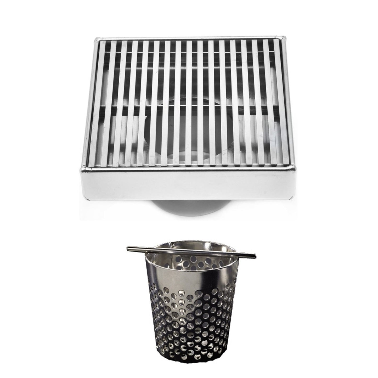 4 Inch Brushed Nickel Square Shower Drain with Hair Trap Set (4 Designs)